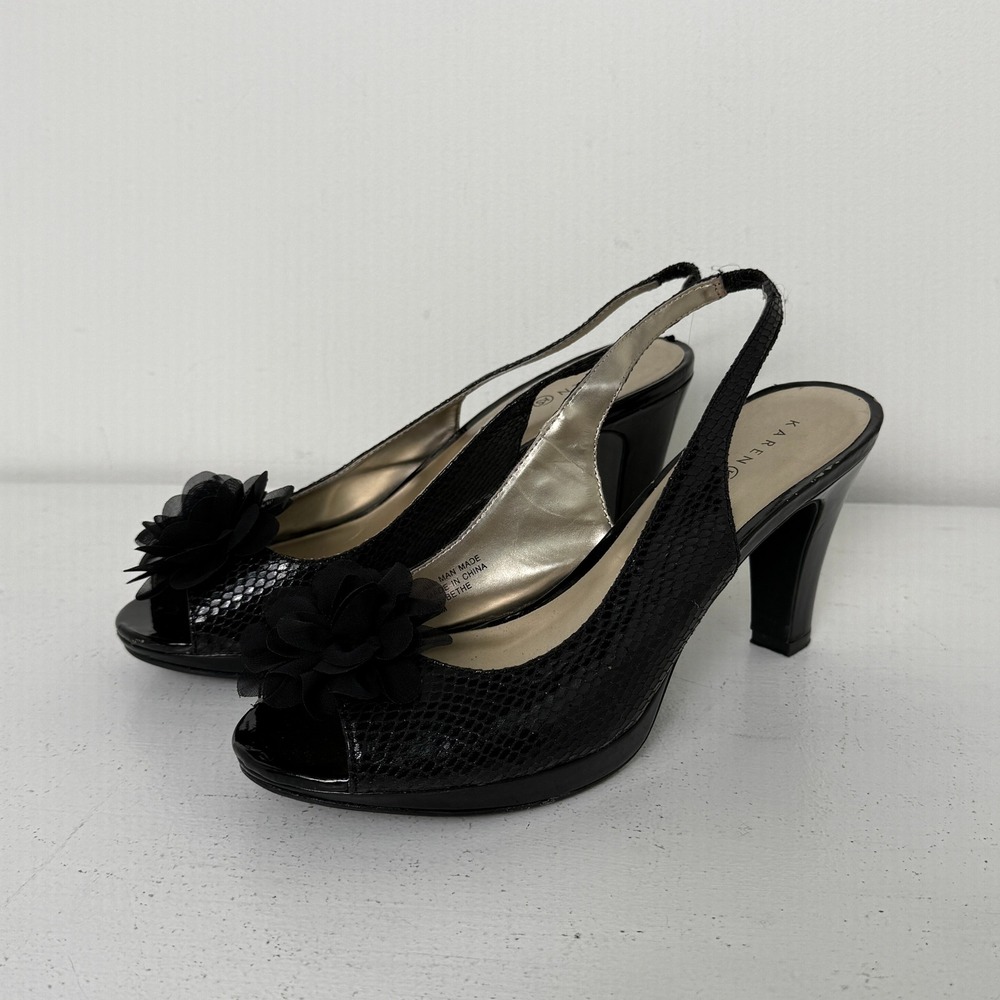 Karen Scott Bethe Black Snakeskin Peep Toe Slingback Heels Flower Detail Size 9M